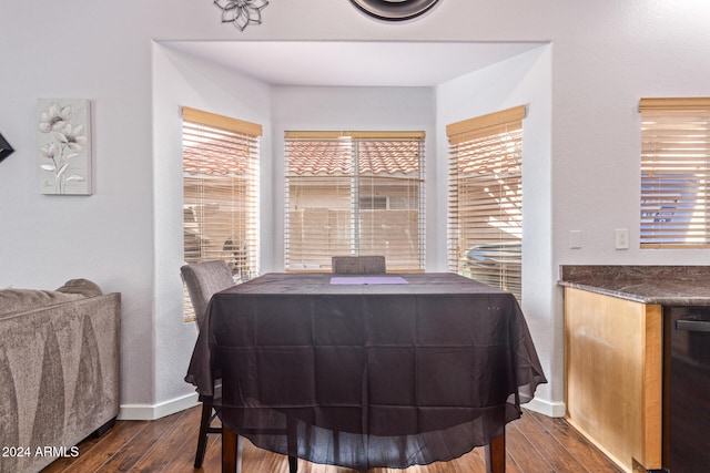 dining room featuring plenty of natural light and dark wood-type flooring