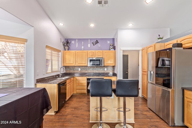 kitchen with light brown cabinetry, backsplash, sink, black appliances, and dark hardwood / wood-style floors