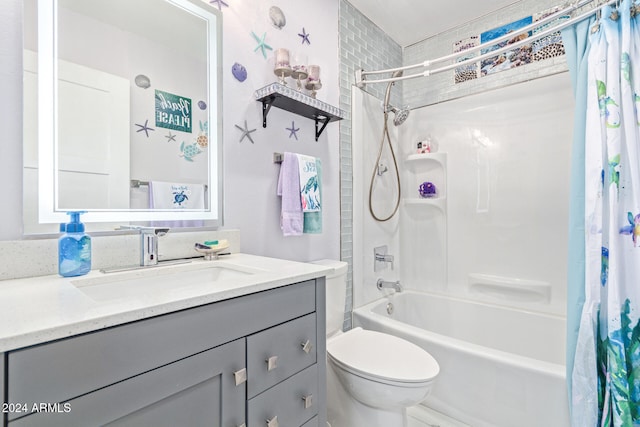 full bathroom with shower / bathtub combination with curtain, vanity, and toilet