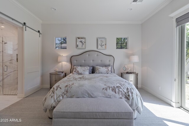 3813 N 37th St, Phoenix, AZ 85018 - bedroom featuring a barn door, access to exterior, baseboards, ornamental molding, and light carpet