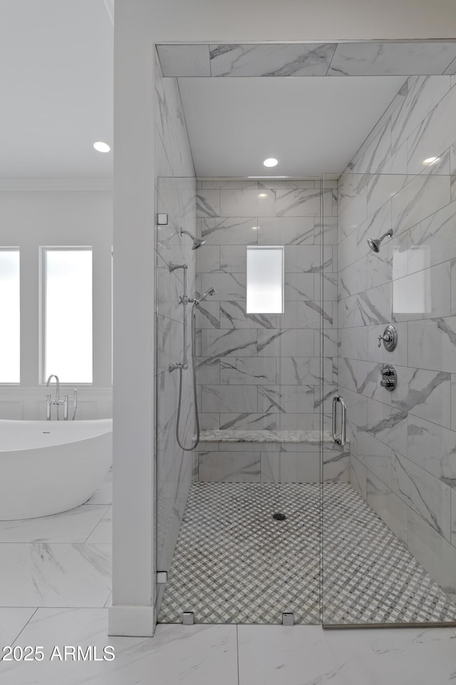 3813 N 37th St, Phoenix, AZ 85018 - full bath featuring marble look tiles, a shower stall, a soaking tub, crown molding, and recessed lighting
