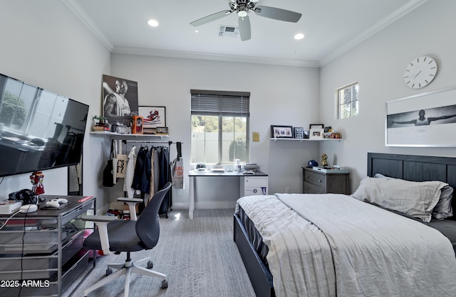 3813 N 37th St, Phoenix, AZ 85018 - bedroom with carpet flooring, baseboards, recessed lighting, ornamental molding, and a ceiling fan