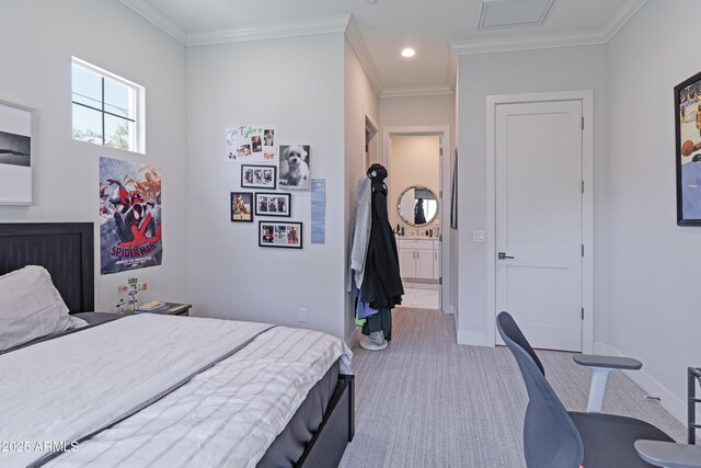 3813 N 37th St, Phoenix, AZ 85018 - carpeted bedroom with baseboards, ornamental molding, recessed lighting, and ensuite bathroom
