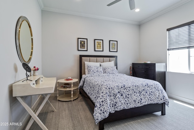 3813 N 37th St, Phoenix, AZ 85018 - bedroom with ornamental molding, carpet floors, recessed lighting, and ceiling fan