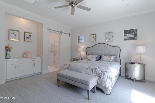 3813 N 37th St, Phoenix, AZ 85018 - bedroom featuring a barn door, light carpet, crown molding, connected bathroom, and a ceiling fan