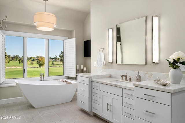 bathroom with a tub, vanity, and a healthy amount of sunlight