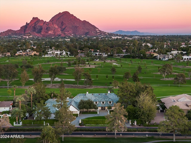 aerial view at dusk with a mountain view