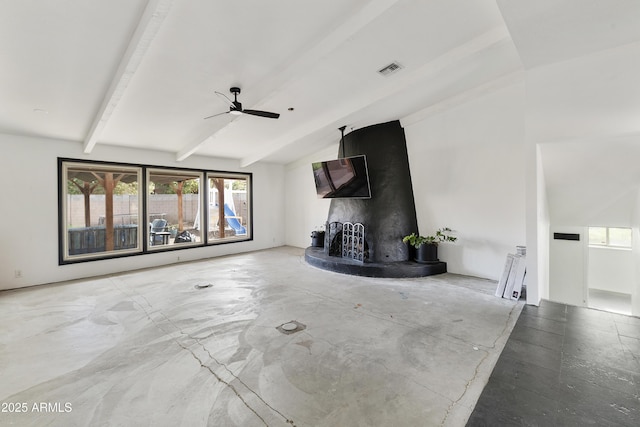 unfurnished living room with visible vents, concrete flooring, lofted ceiling with beams, and a ceiling fan