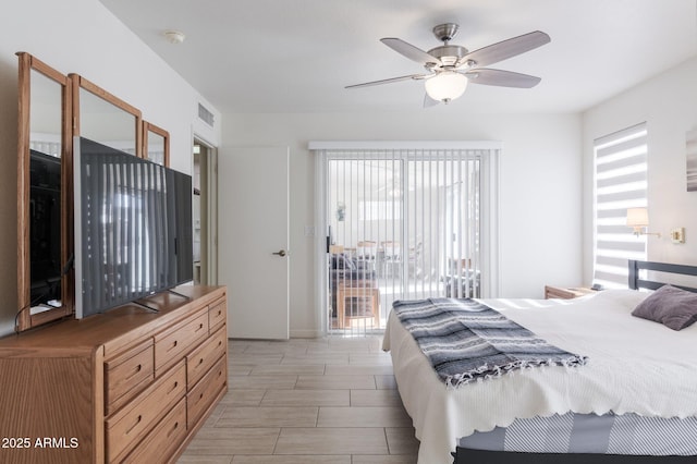 bedroom featuring ceiling fan and multiple windows