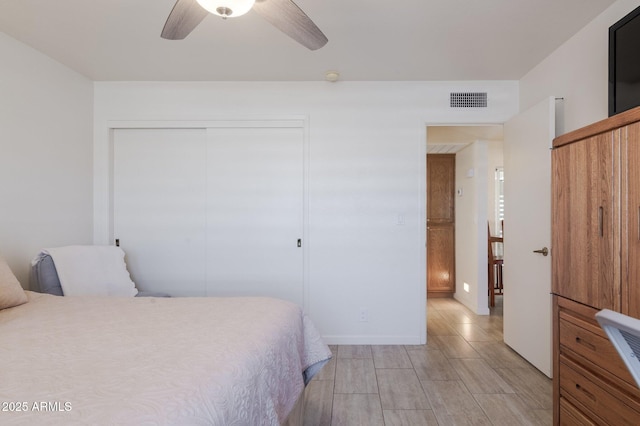 bedroom featuring ceiling fan and a closet