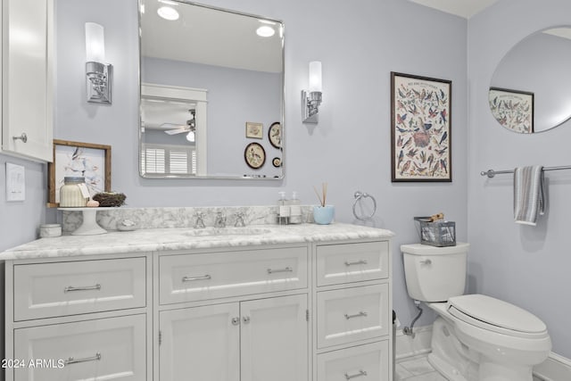 bathroom featuring ceiling fan, vanity, toilet, and tile flooring