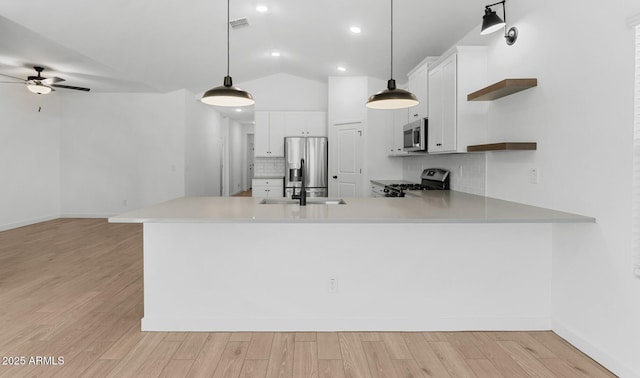 kitchen featuring appliances with stainless steel finishes, decorative light fixtures, ceiling fan with notable chandelier, and light hardwood / wood-style flooring