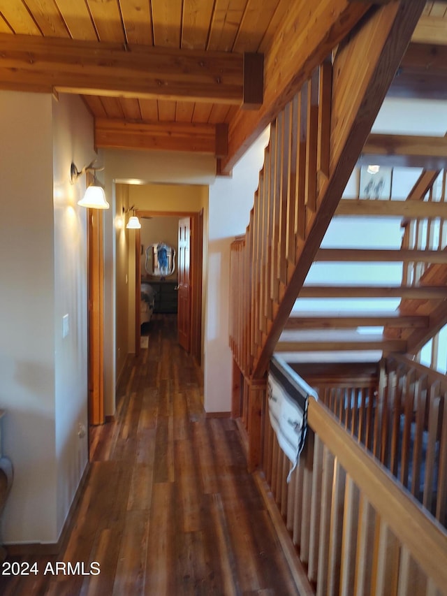 corridor with beam ceiling, dark hardwood / wood-style floors, and wooden ceiling