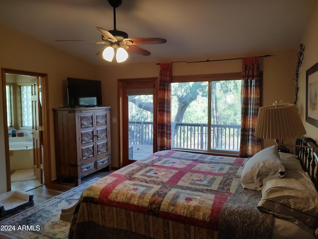 tiled bedroom featuring ceiling fan, lofted ceiling, ensuite bathroom, and access to exterior