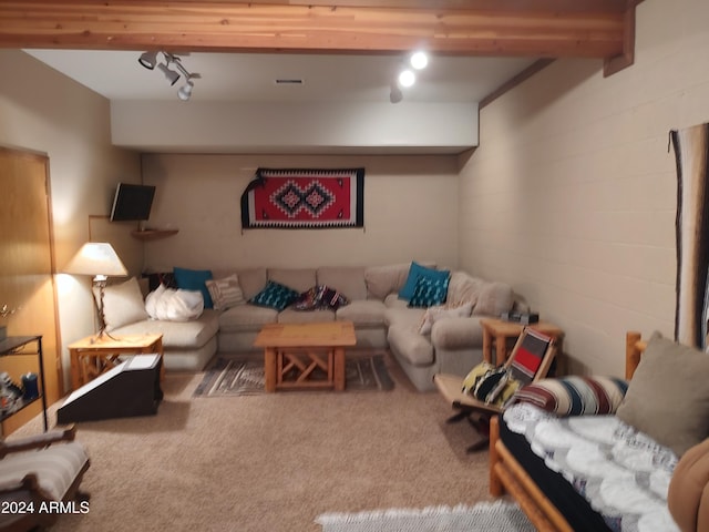 carpeted living room with beam ceiling and rail lighting