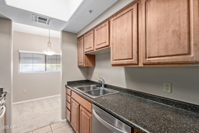 3434 E Baseline Rd Unit 126, Phoenix, AZ 85042 - kitchen with dishwasher, light carpet, dark countertops, light tile patterned floors, and pendant lighting