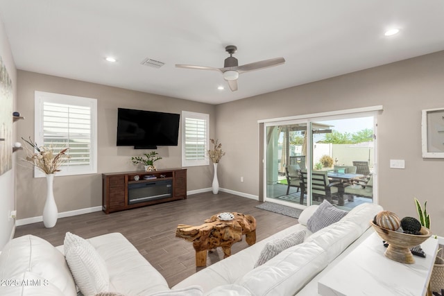 1297 W Chillingham Rd W, San Tan Valley, AZ 85143 - living area featuring ceiling fan, recessed lighting, baseboards, and wood finished floors