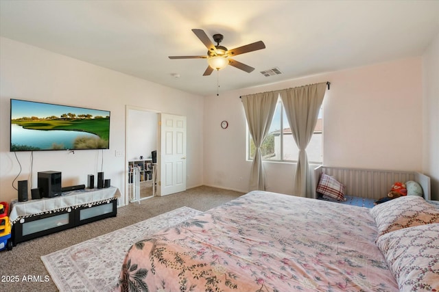 bedroom with light colored carpet, visible vents, and ceiling fan