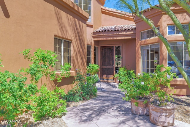 13914 E Laurel Ln, Scottsdale, AZ 85259 - doorway to property with stucco siding, a tile roof, and a patio