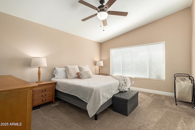 bedroom with baseboards, ceiling fan, carpet flooring, and lofted ceiling
