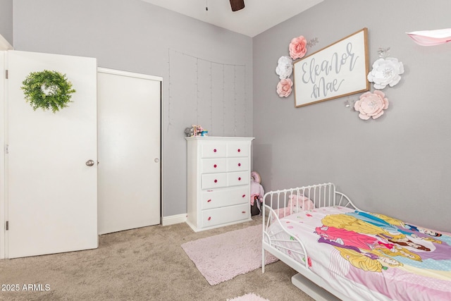 bedroom featuring carpet floors and ceiling fan
