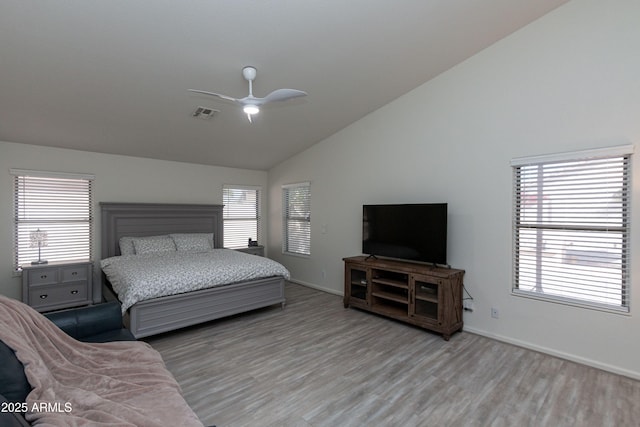 bedroom featuring light wood finished floors, baseboards, multiple windows, and visible vents