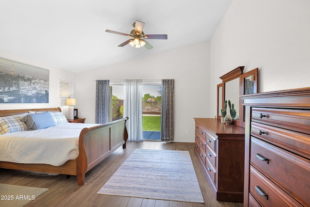 4611 E Night Glow Dr, Cave Creek, AZ 85331 - bedroom featuring vaulted ceiling, access to exterior, light wood finished floors, and a ceiling fan