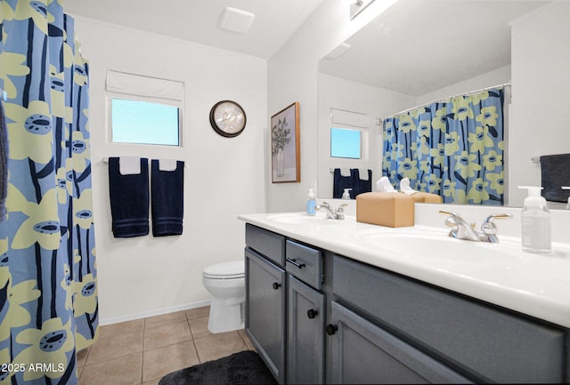 4611 E Night Glow Dr, Cave Creek, AZ 85331 - bathroom with double vanity, tile patterned floors, toilet, and a shower with shower curtain