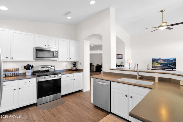 4611 E Night Glow Dr, Cave Creek, AZ 85331 - kitchen with appliances with stainless steel finishes, a sink, lofted ceiling, a ceiling fan, and wood finished floors