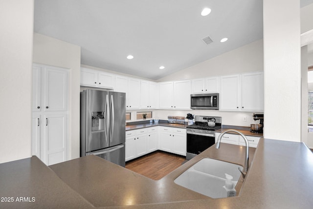 4611 E Night Glow Dr, Cave Creek, AZ 85331 - kitchen with appliances with stainless steel finishes, vaulted ceiling, dark wood-type flooring, white cabinets, and a sink