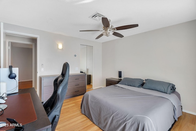 1511 W Mesquite St, Chandler, AZ 85224 - bedroom featuring ceiling fan, baseboards, light wood-type flooring, visible vents, and a closet