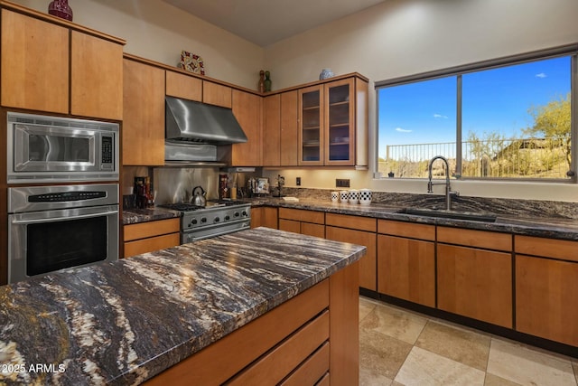 kitchen featuring dark stone countertops, sink, and appliances with stainless steel finishes