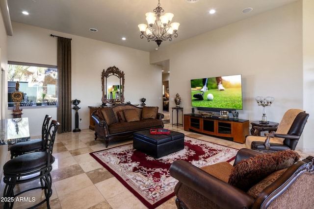 living room featuring a chandelier