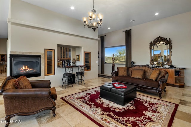 living room featuring an inviting chandelier