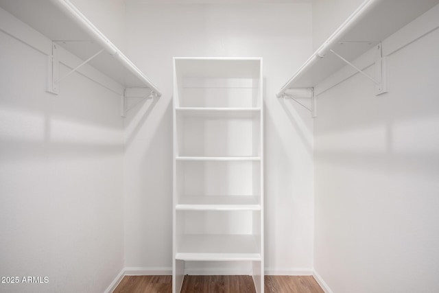 walk in closet with wood finished floors