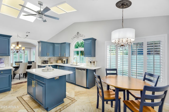 8781 S Mill Ave, Tempe, AZ 85284 - kitchen featuring a sink, ceiling fan with notable chandelier, blue cabinets, and stainless steel dishwasher