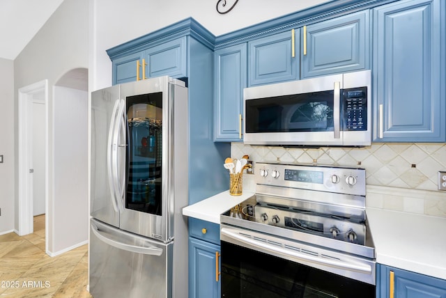 8781 S Mill Ave, Tempe, AZ 85284 - kitchen with light countertops, blue cabinets, tasteful backsplash, and stainless steel appliances