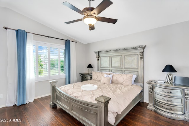 8781 S Mill Ave, Tempe, AZ 85284 - bedroom featuring baseboards, dark wood finished floors, a ceiling fan, and vaulted ceiling