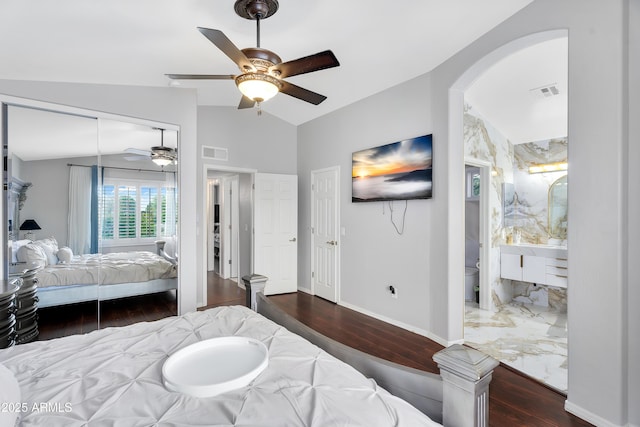 8781 S Mill Ave, Tempe, AZ 85284 - bedroom featuring visible vents, wood finished floors, baseboards, and vaulted ceiling