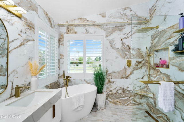 8781 S Mill Ave, Tempe, AZ 85284 - full bathroom with a sink, lofted ceiling, a marble finish shower, and a freestanding bath