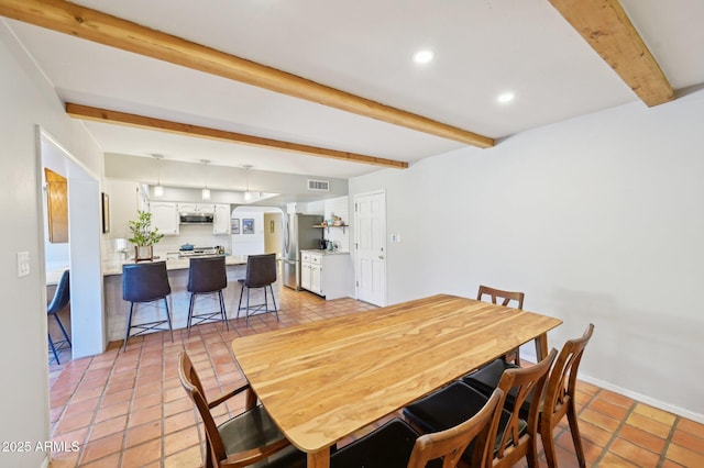 dining area featuring light tile patterned floors, visible vents, beamed ceiling, and recessed lighting