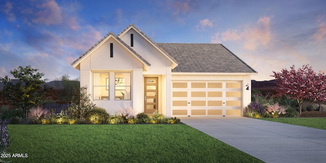 view of front of home featuring an attached garage, a lawn, concrete driveway, and stucco siding