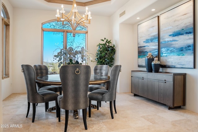 dining room featuring visible vents, a raised ceiling, a notable chandelier, and recessed lighting