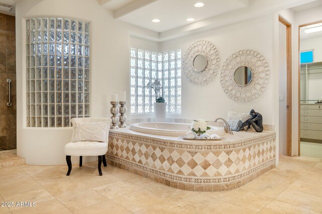 full bath with visible vents, tiled shower, tile patterned floors, a garden tub, and recessed lighting