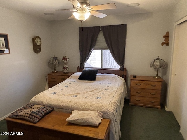 carpeted bedroom with ceiling fan