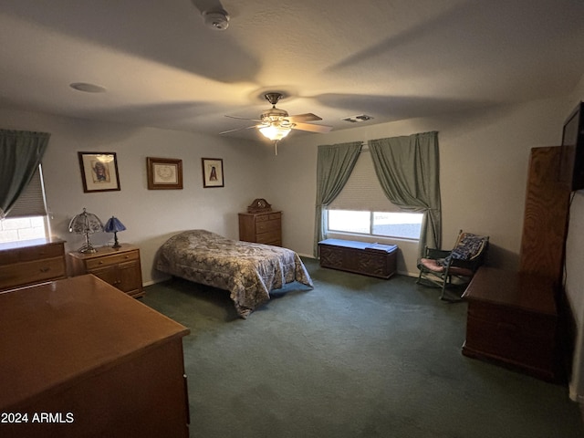 bedroom with ceiling fan and dark carpet