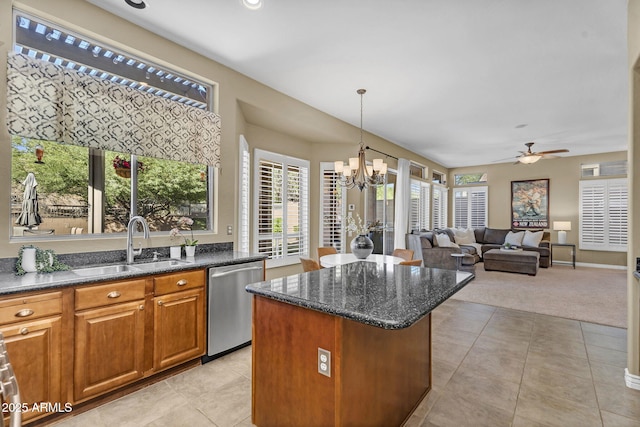 3859 N El Sereno St, Mesa, AZ 85207 - kitchen featuring stainless steel dishwasher, a sink, a center island, a chandelier, and ceiling fan