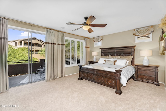 3859 N El Sereno St, Mesa, AZ 85207 - bedroom with access to exterior, light carpet, baseboards, and a ceiling fan