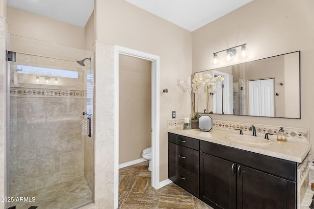 3859 N El Sereno St, Mesa, AZ 85207 - bathroom featuring a shower stall, vanity, toilet, marble finish flooring, and backsplash