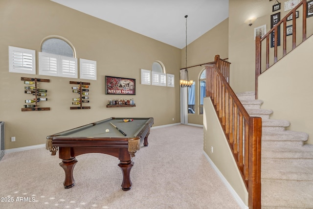 3859 N El Sereno St, Mesa, AZ 85207 - recreation room with carpet floors, high vaulted ceiling, baseboards, a chandelier, and billiards table